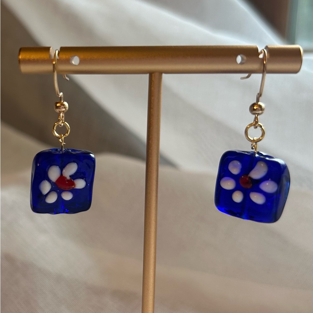 Blue Floral Glass‎ Earrings